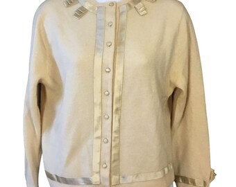 Fab U Lous Vintage 1950s Angora Lambswool Cardigan with Ribbon Trim Covered Buttons Vintage Size 40 or M/L