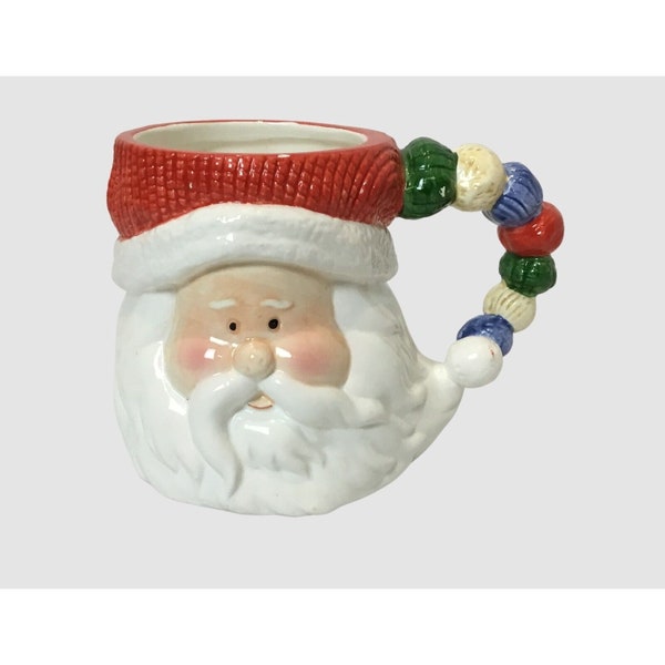 Mug visage de père Noël sculpté en céramique VINTAGE chapeau multicolore et barbe blanche