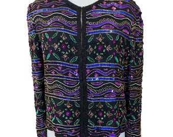 Chaqueta de noche de seda con lentejuelas y cuentas multicolores de Papell Boutique 14P