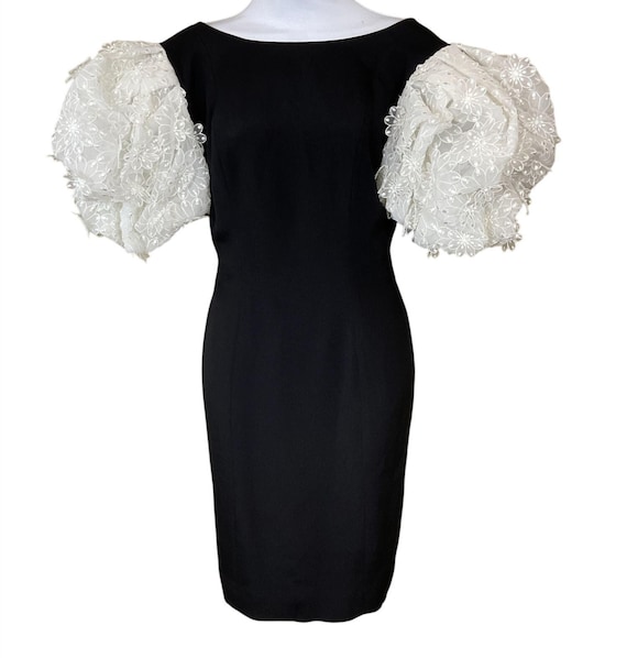victor costa dress designer Victor Costa VTG 1980s Designer Black Cocktail Dress 3D Petal Puff Sleeves  Sz 8
