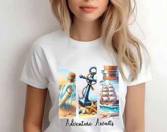 Adventure Awaits Unisex Softstyle T-Shirt, Nautical Graphic Tee, Summer Vibe Shirt, Gift for Travelers, Beachwear, Casual Wear