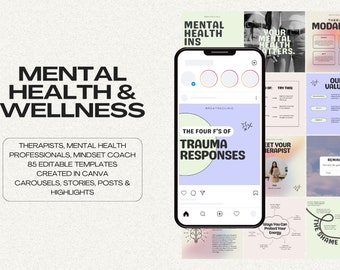 May include: A set of 85 editable Instagram templates for mental health therapists, professionals, and mindset coaches. The templates are created in Canva and feature a variety of colors and designs, including a purple and green template with the text "The Four F's of Trauma Responses".