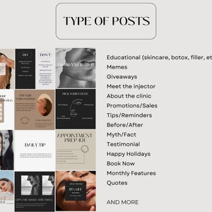 May include: A collage of images showing different types of social media posts for a beauty clinic. The text "TYPE OF POSTS" is at the top of the image. The text below the image lists different types of posts, including educational, memes, giveaways, meet the injector, about the clinic, promotions/sales, tips/reminders, before/after, myth/fact, testimonial, happy holidays, book now, monthly features, quotes, and more.