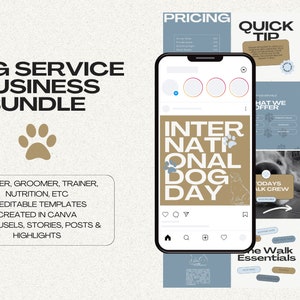 Puede incluir: Un conjunto de nueve plantillas de historias de Instagram para un negocio de servicios para perros. Las plantillas presentan un esquema de color azul y marrón con huellas de patas y texto que dice "Día Internacional del Perro", "El equipo de paseo de hoy", "Actividades de enriquecimiento superiores", "Gracias" y "Señales de que tu perro está aburrido".