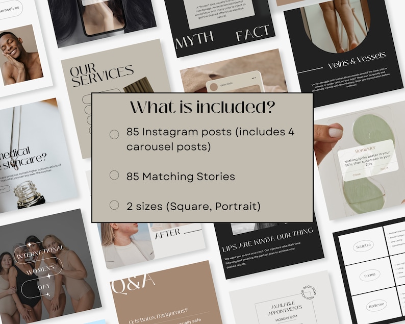 May include: A beige background with a white circle around the text "What is included?" with three bullet points. The bullet points list 85 Instagram posts (including 4 carousel posts), 85 matching stories, and 2 sizes (Square, Portrait).