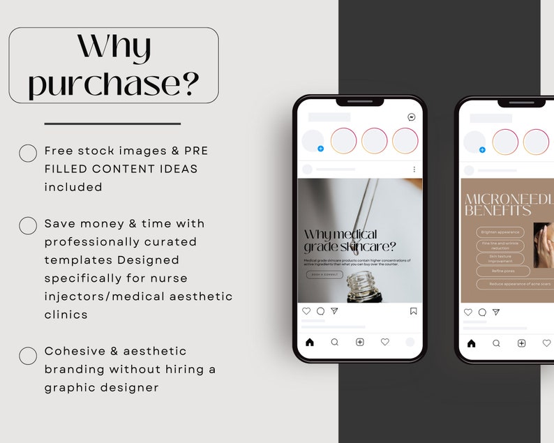 May include: Two phone screens displaying Instagram posts for a medical aesthetic business. The left post features a bottle of serum with the text "Why medical grade skincare?" The right post features the text "Microneedling Benefits" with a list of benefits.