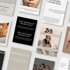 May include: A collection of social media posts for a skin care clinic. The posts feature images of models, text about lip fillers, and information about the clinic's services. The text on the posts includes "How much do lip fillers cost?", "How long do lip fillers last?", "New Service Coming Soon", "About Our Clinic", "Skin Health Consultation", and "Botox Aftercare".