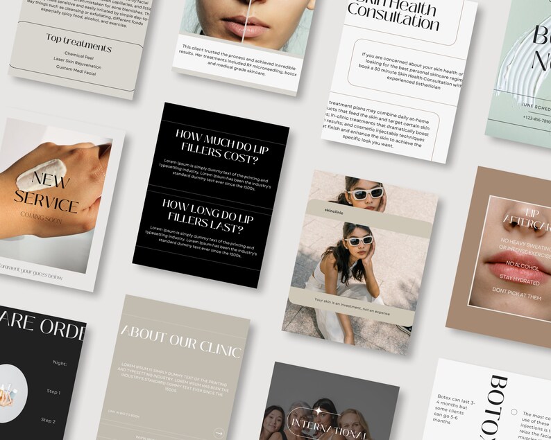 May include: A collection of social media posts for a skin care clinic. The posts feature images of models, text about lip fillers, and information about the clinic's services. The text on the posts includes "How much do lip fillers cost?", "How long do lip fillers last?", "New Service Coming Soon", "About Our Clinic", "Skin Health Consultation", and "Botox Aftercare".