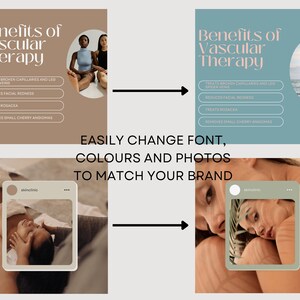 May include: A collage of images promoting vascular therapy. The images show people receiving treatments and the benefits of vascular therapy, such as treating broken capillaries and reducing facial redness. The text "EASILY CHANGE FONT, COLOURS AND PHOTOS TO MATCH YOUR BRAND" is displayed in the center of the collage.