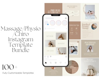 May include: A phone screen displaying a set of nine Instagram post templates for massage, physiotherapy, and chiropractic businesses. The templates feature a neutral color palette of beige and brown with text overlays such as "Get Back to What You Love", "Benefits of Prenatal Massage", and "Practitioner Highlight".