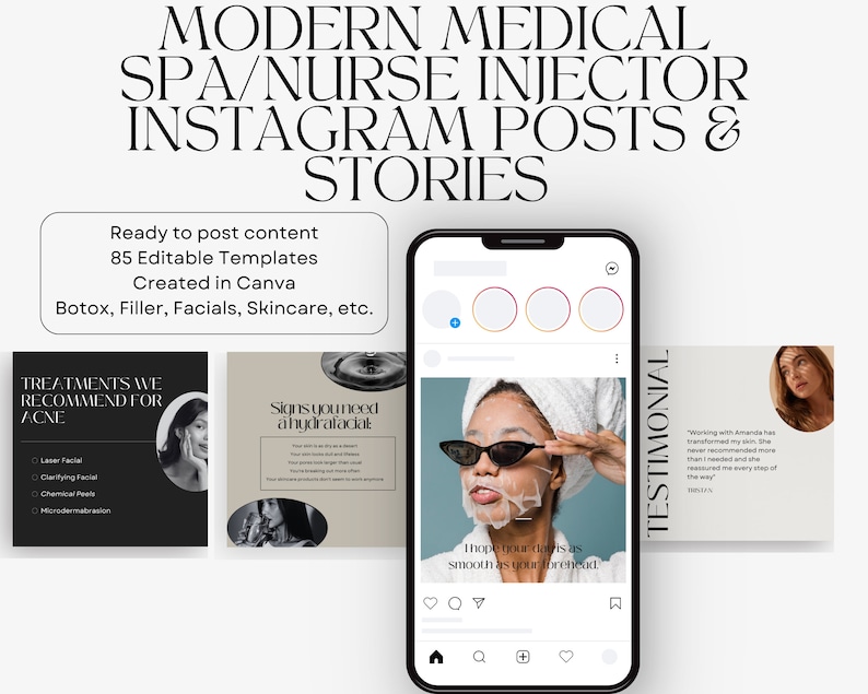 May include: A smartphone screen displaying a social media post with a photo of a person with a face mask and the text "I hope your skin is as smooth as your forehead." The post is captioned "Treatments we recommend for acne." The image also includes a testimonial from a customer.