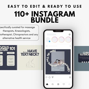 May include: A phone screen displaying a collection of Instagram post templates for massage therapists, kinesiologists, physiotherapists, chiropractors, and alternative health services. The templates feature a variety of designs, including text, images, and graphics. The text on the screen includes "Nervous System 101", "Do you have text neck?", "Do you take care of yourself?", and "Client Testimonial".