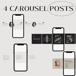 May include: Four carousel posts for social media showcasing different types of microneedling. The first post features a black and white image of a woman's face with the text "Three Types of Microneedling". The second post features a black square with the number "1" in white and the text "Skin Pen Microneedling". The third post features a black square with the number "2" in white and the text "PRP Microneedling". The fourth post features a black square with the number "3" in white and the text "Microneedling with Growth Factors".