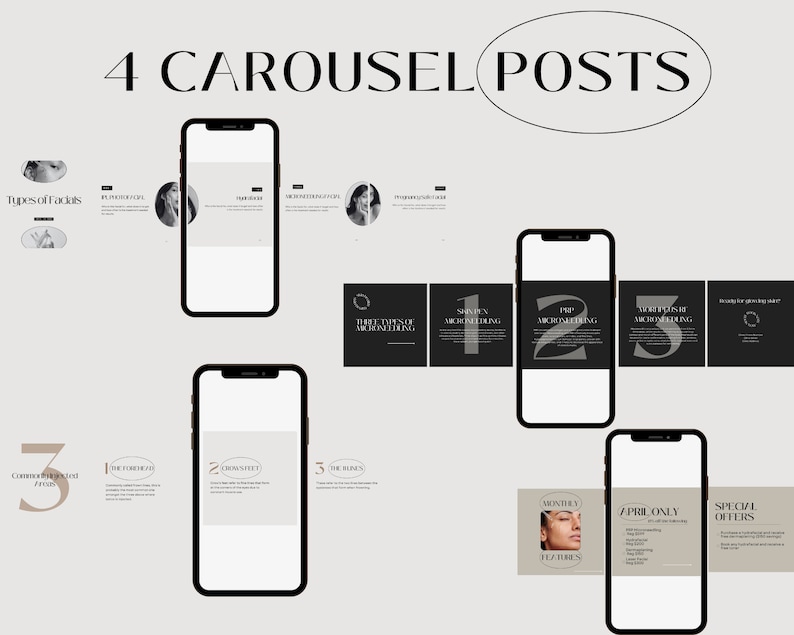 May include: Four carousel posts for social media showcasing different types of microneedling. The first post features a black and white image of a woman's face with the text "Three Types of Microneedling". The second post features a black square with the number "1" in white and the text "Skin Pen Microneedling". The third post features a black square with the number "2" in white and the text "PRP Microneedling". The fourth post features a black square with the number "3" in white and the text "Microneedling with Growth Factors".
