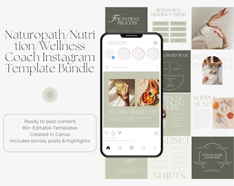 May include: A set of 80+ Instagram templates for wellness coaches, featuring a green and white color scheme with text that says "Work with me". The templates are designed for use with the Canva app.