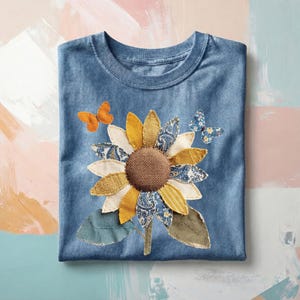 PNG de girassol em patchwork | Clipart de girassol em tecido | Design de borboleta shabby chic | Sublimação de flor rústica em juta