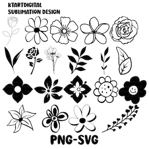 Flowers Outline Svg, Cricut Silhouette, Leaves Svg Bundle, Instant Download
