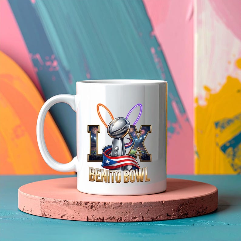 Pode incluir: Caneca de cer&acirc;mica branca com um design de trof&eacute;u de futebol e o texto "LIX BENITO BOWL". O design inclui a bandeira de Porto Rico e dois la&ccedil;os coloridos. A caneca est&aacute; em um suporte circular rosa.
