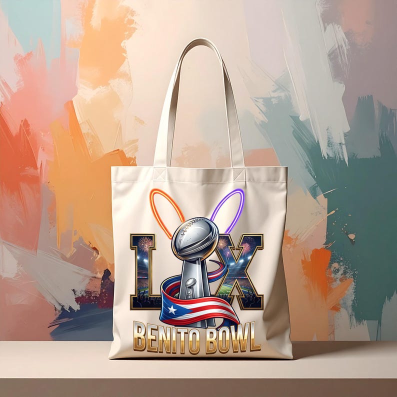 Pode incluir: Saco tote creme com um trof&eacute;u prateado, uma bola de futebol americano e o texto "LX BENITO BOWL". O design inclui a bandeira de Porto Rico e detalhes coloridos. O saco tem duas al&ccedil;as.