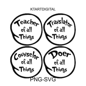 Op de afbeelding: Vier zwarte en witte cirkels met witte tekst die "Teacher of all Things", "Translator of all Things", "Counselor of all Things" en "Doer of all Things" luidt.