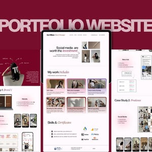 Könnte beinhalten: Ein digitales Portfolio-Website-Design mit dem Text "PORTFOLIO WEBSITE" oben. Die Website zeigt Fallstudien, Social-Media-Beispiele und Fähigkeiten. Das Farbschema ist hauptsächlich Burgunderrot und Weiß.