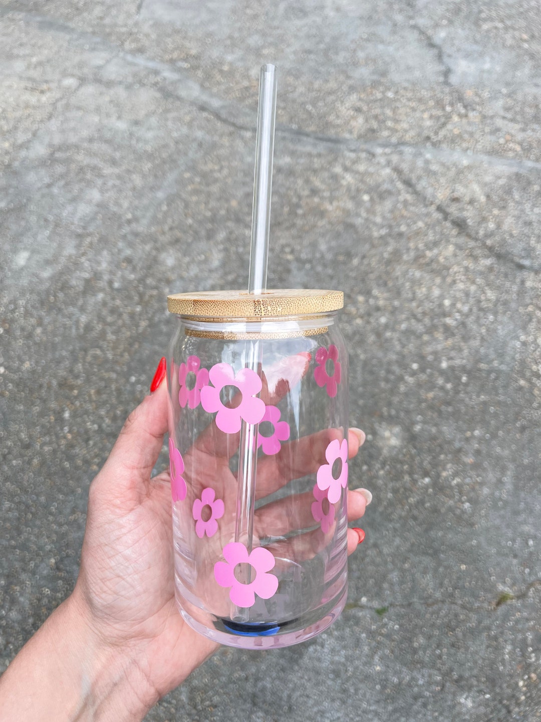 16oz Glass Cup With Lid and Straw Floral Glass Cup Bamboo Lid Retro ...