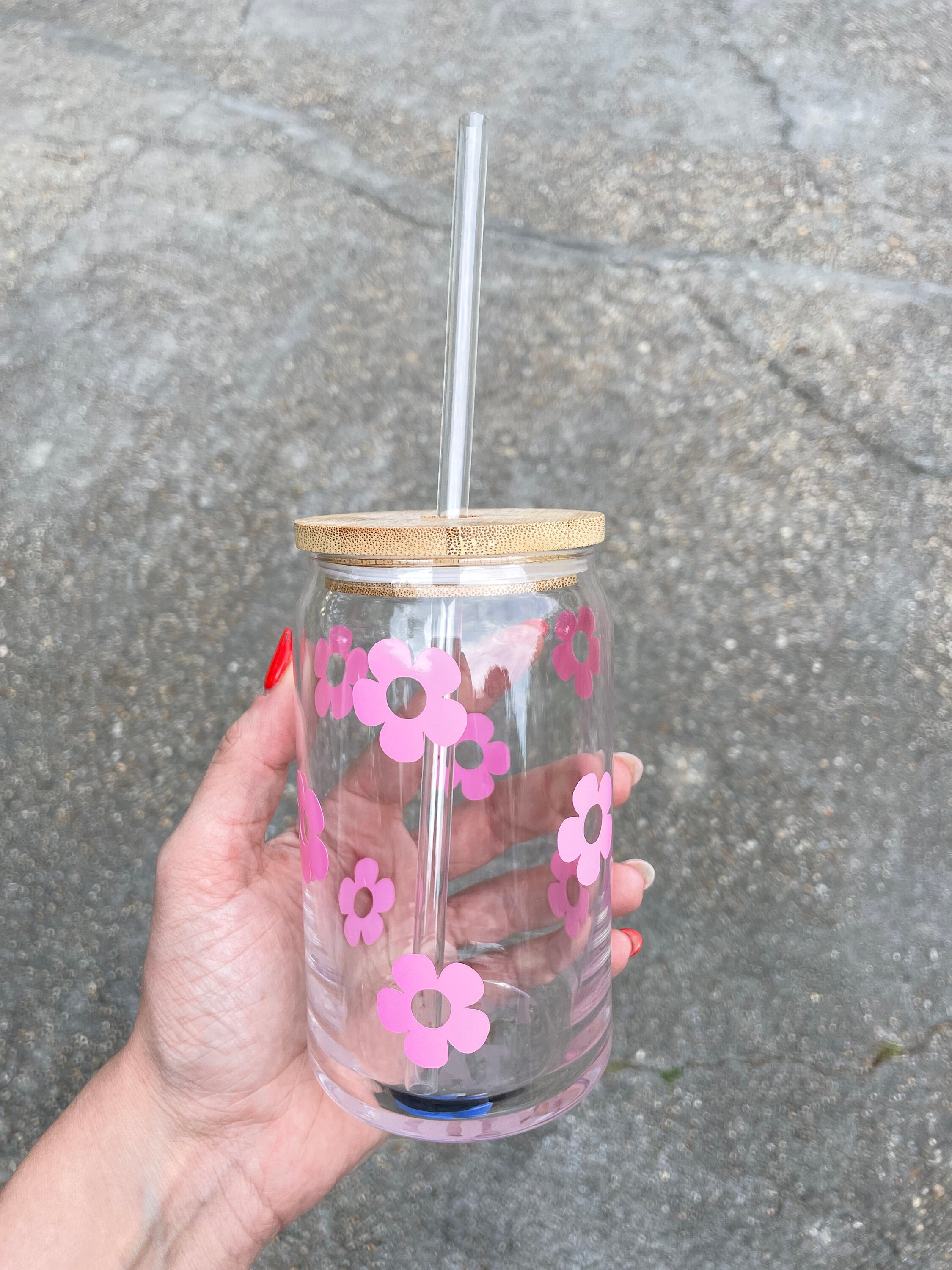 16oz Glass Cup With Lid and Straw Floral Glass Cup Bamboo Lid Retro ...