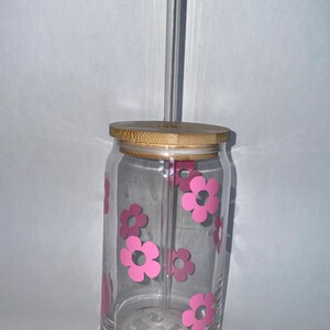 16oz Glass Cup With Lid and Straw Floral Glass Cup Bamboo Lid Retro ...