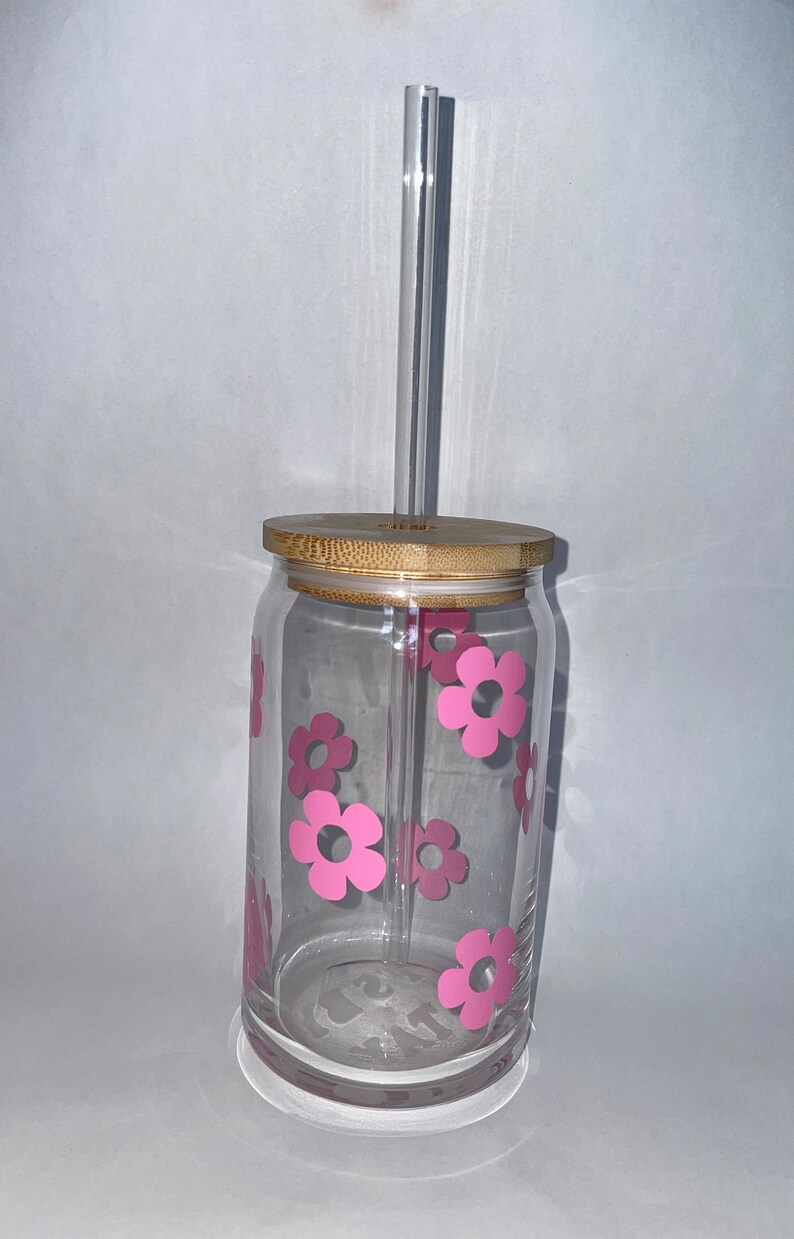 16oz Glass Cup With Lid and Straw Floral Glass Cup Bamboo Lid Retro ...