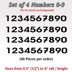 May include: Set of four sheets of die-cut numbers 0-9, each sheet containing the numbers 1 through 9. The numbers are black and printed on a white background. There are 40 pieces in total. The numbers range in size from 0.5 inches to 6 inches tall.