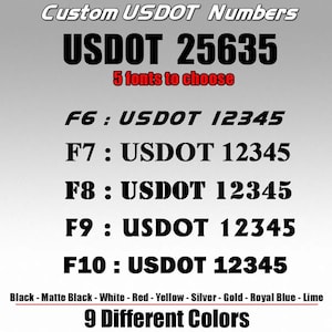 May include: A black and white image showing five different font styles for USDOT numbers. The image also shows the number 25635 and the text "Custom USDOT Numbers". The text "9 Different Colors" is shown at the bottom of the image, along with a list of nine colors.