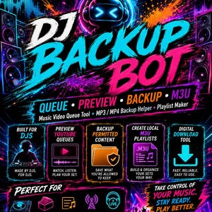May include: A digital promotional graphic for DJ Backup Bot software featuring neon blue, pink, and purple text and icons. The design includes a robot head, speakers, and lists features like queue, preview, backup, M3U playlist creation, and digital download tools.