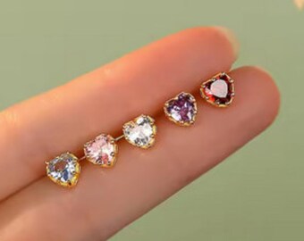Minimalist Zircon Heart Gold Stud Earrings: Gold Plated Over Sterling Silver. #1032