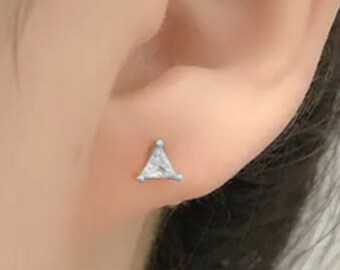 Silver Triangle Zircon Stud Earrings: Rhodium Plated Over 925 Sterling Silver. #1107