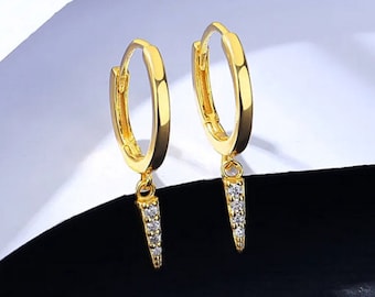 Classic Dangle Pave Huggie Earrings:  Rhodium Plated Over 925 Sterling Silver. #1002