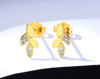 Classic Pave Leaf Stud Earrings: Gold Plated Over 925 Sterling Silver. #1005