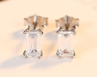 Classic Emerald Cut Zircon Earrings: Rhodium Plated Over 925 Sterling Silver. #1001