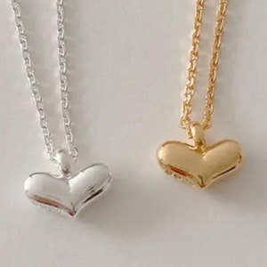 Puff Heart Pendant Necklace, Heart Necklace, Sterling Silver Heart Pendant Necklace, Gold Heart Pendant Necklace, Heart Link Chain Necklace.