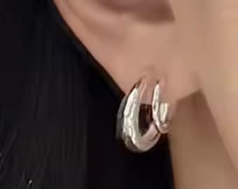 Modern Double Hoop Silver Earrings: Rhodium Plated Over 925 Sterling Silver. #1125