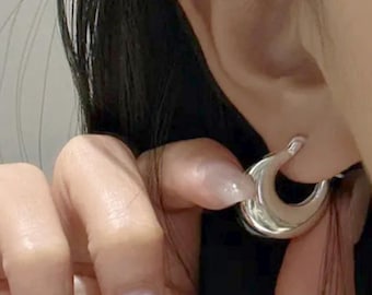 Bold Extra Chunky Silver Crescent Hoop Earrings: Rhodium Plated Over 925 Sterling Silver. #1108