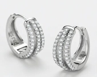 Elegant Zircon Triple Loop Huggie Earrings: Rhodium Plated Over 925 Sterling Silver. #1116