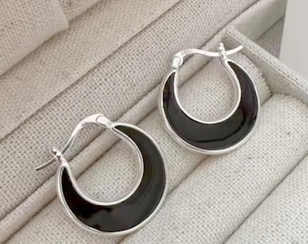 Modern Silver Enamel Crescent Hoop Earrings: Rhodium Plated Over 925 Sterling Silver. #1133