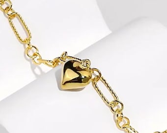 Classic Youth Size Puff Heart Paper Clip Bracelet:  Gold Plated 925 Sterling Silver. #1103