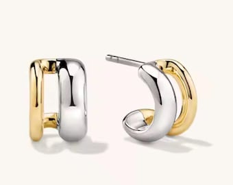 Contemporary 2 Tone Double Half Hoops Earrings: Gold and Rhidium Plated Sterling Silver. #1131