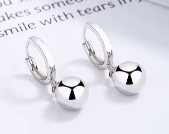 Silver Ball Dangle Huggie Earrings: Rhodium Plated Over 925 Sterling Silver. #1129