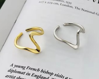 Minimalist Wavy Adjustable Ring: Gold or Rhodium Plated Over 925 Sterling Silver. #1099