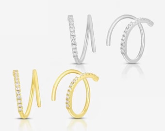 Contemporary Pave Open Hoop Threader Earrings: Gold or Rhodium Plated 925 Sterling Silver. #1130