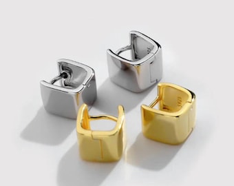 Extra Chunky Square Huggie Earrings:  Gold/Rhodium Plated Over 925 Sterling Silver. #1057