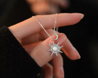 Classic Pave White Opal Sun and Moon Pendant Necklace: Gold Plated Sterling Silver. #1106