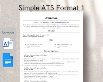 Simple ATS Friendly Format 1 - Microsoft Word and Google Docs | Professional Resume for Students, Recent Graduates, and Professionals